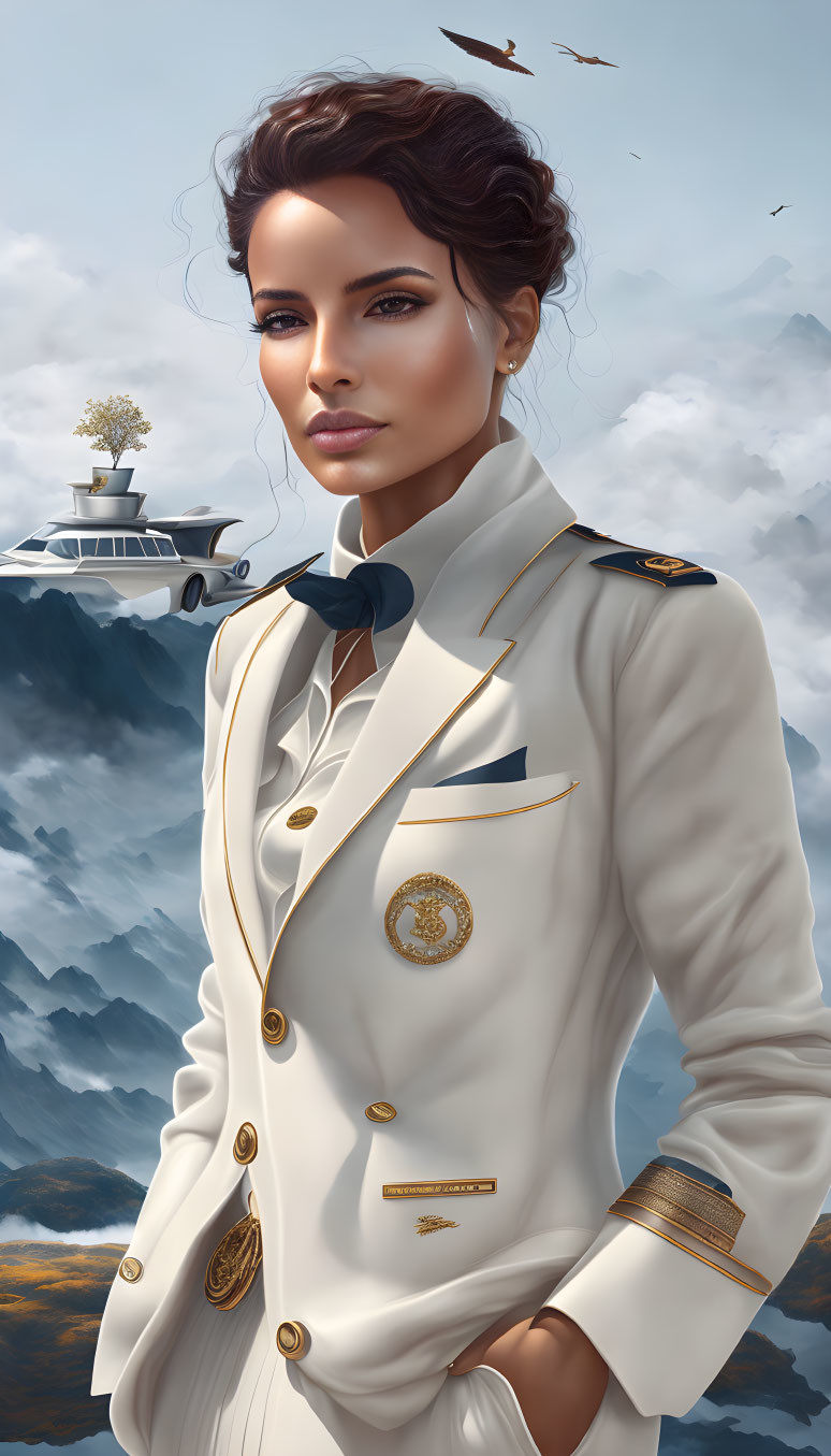 Digital artwork: Woman in white naval uniform, floating island with house, birds