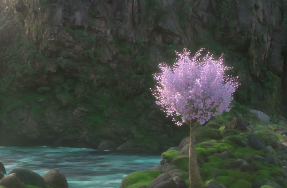 Pink Glowing Tree by Tranquil River with Moss-Covered Stones