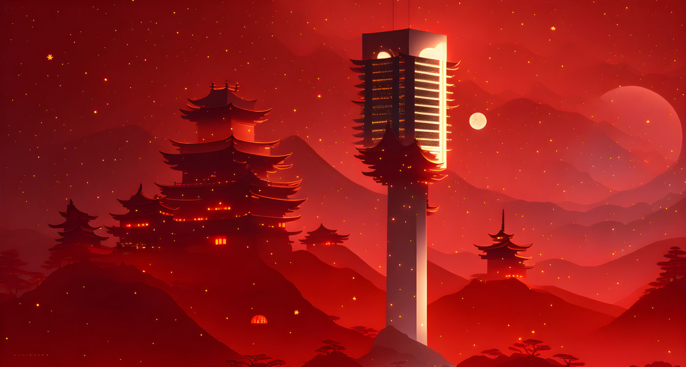 Tranquil red and orange Asian landscape with pagodas, tower, trees, and serene moon