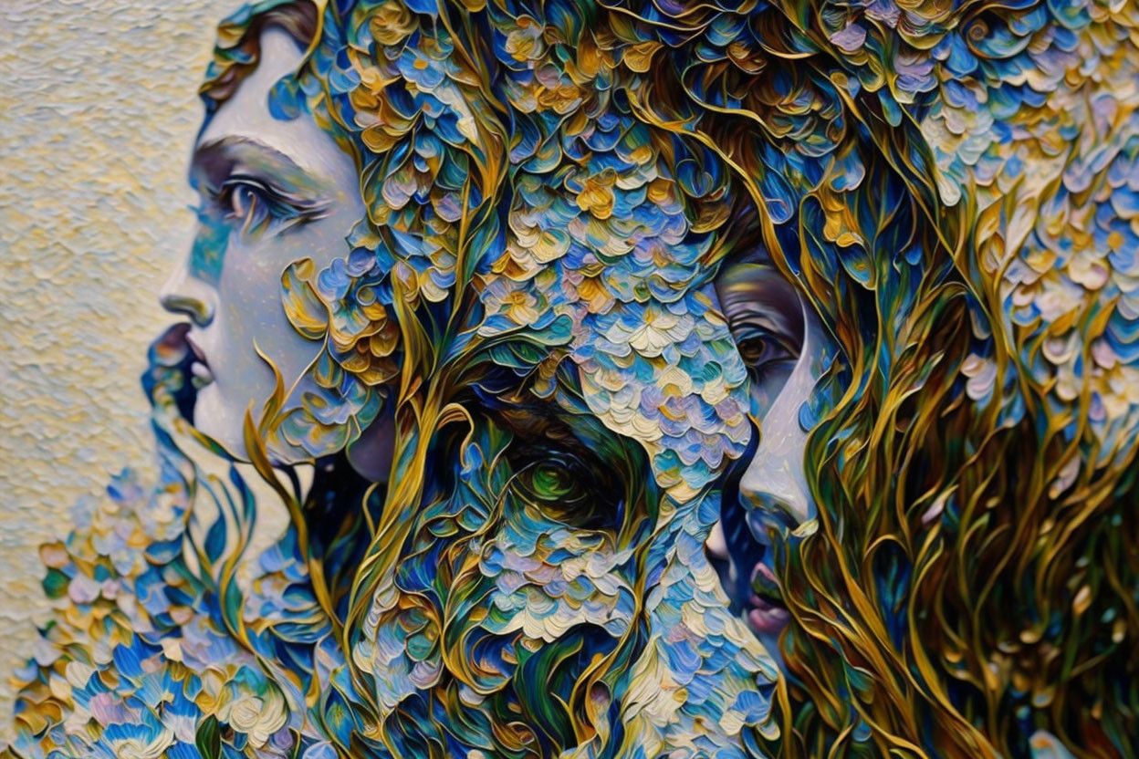 Interlocked Faces with Leaf Patterns in Blue, Gold, Green