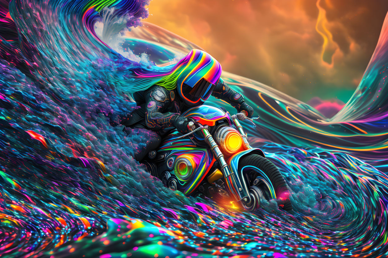 Colorful digital artwork: Rider on motorcycle in psychedelic waves under fiery sky