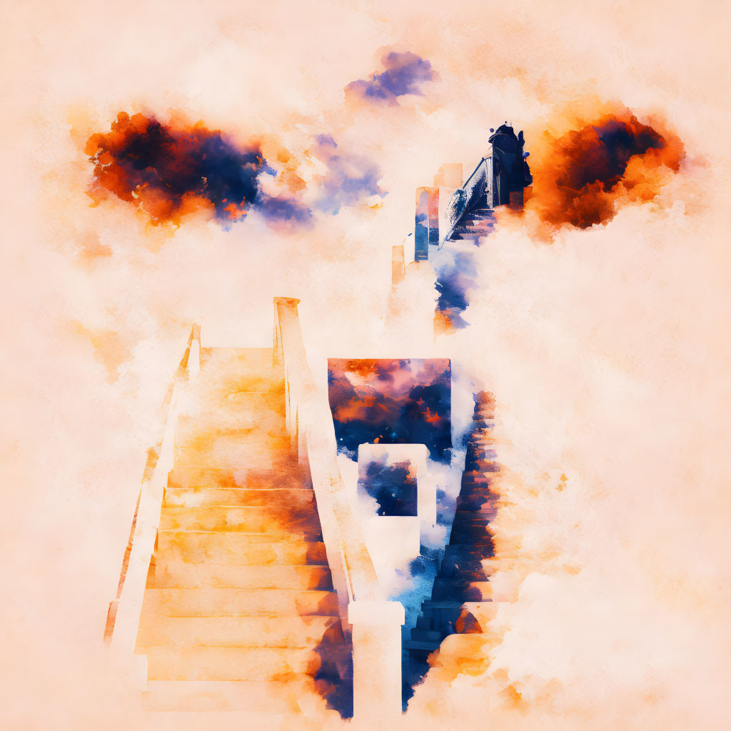 Artistic image: Stairs ascending to skyscrapers in vibrant orange and blue clouds