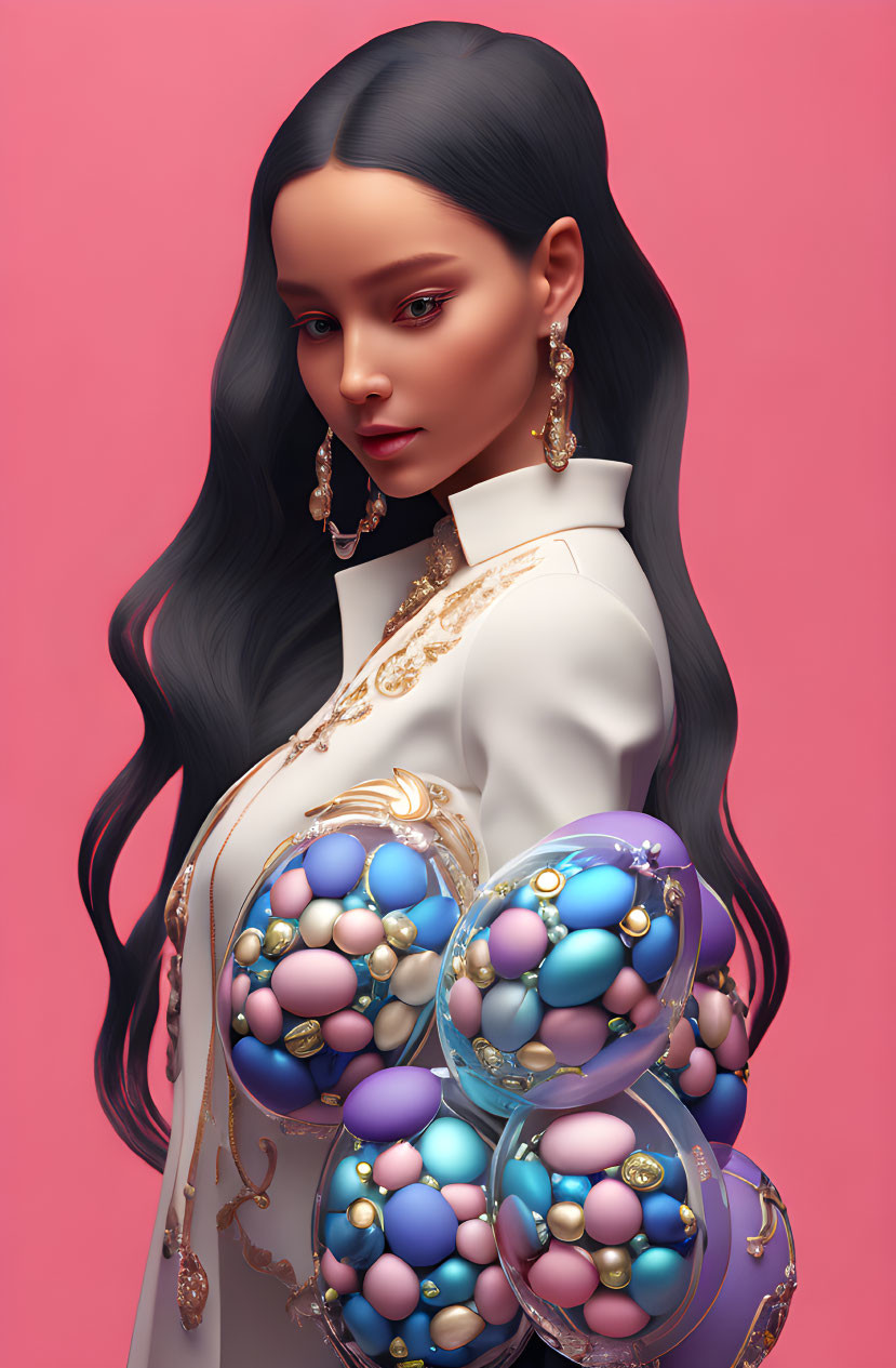 Digital artwork: Woman with black hair, gold earrings, ornate white jacket with colorful designs on pink