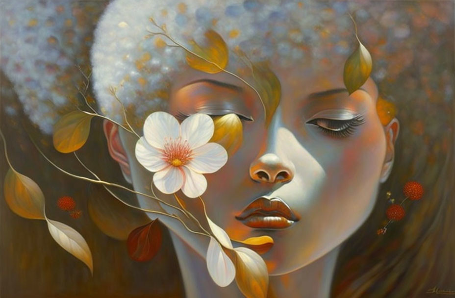 Woman's serene face surrounded by ethereal flowers and leaves