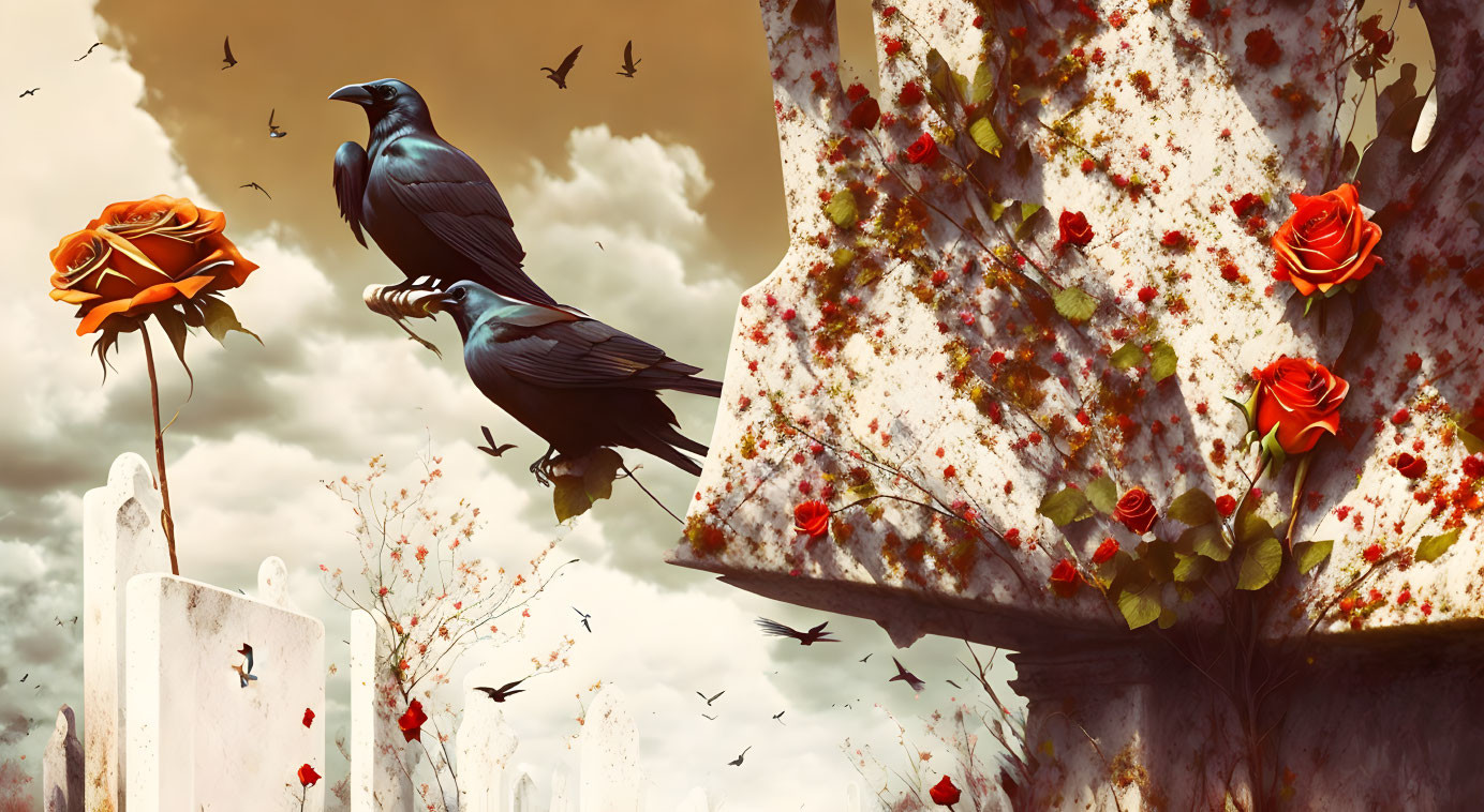 Ravens in surreal graveyard with roses and birds under cloudy sky