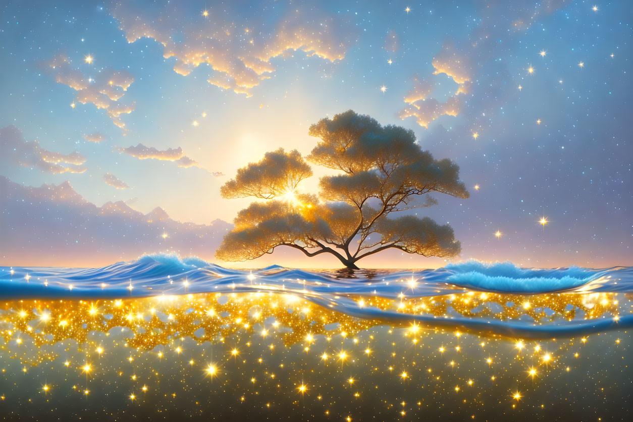 Solitary tree with radiant leaves on island under starry dusk sky