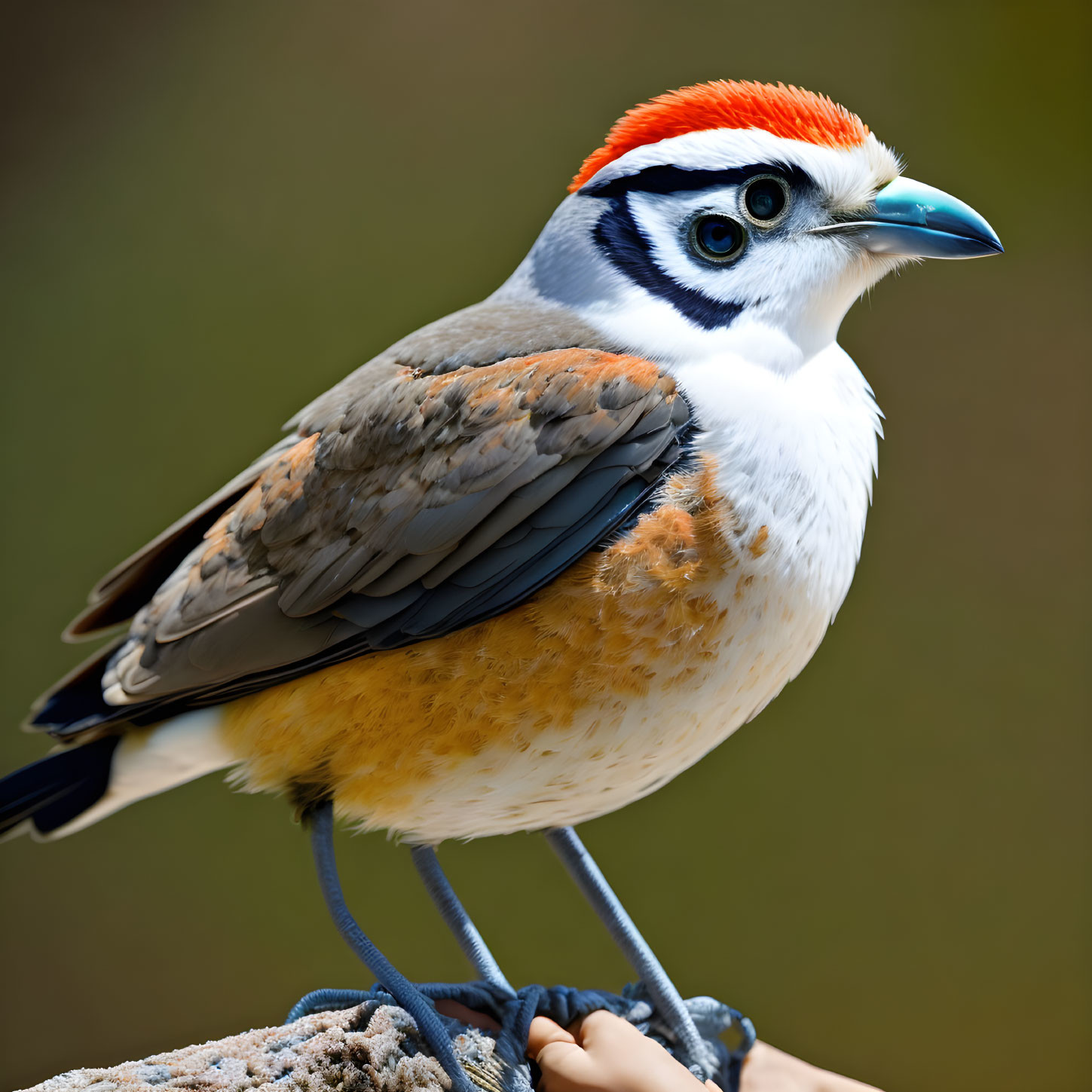 Colorful bird with red and white crest, blue beak, brown and black plumage on rock