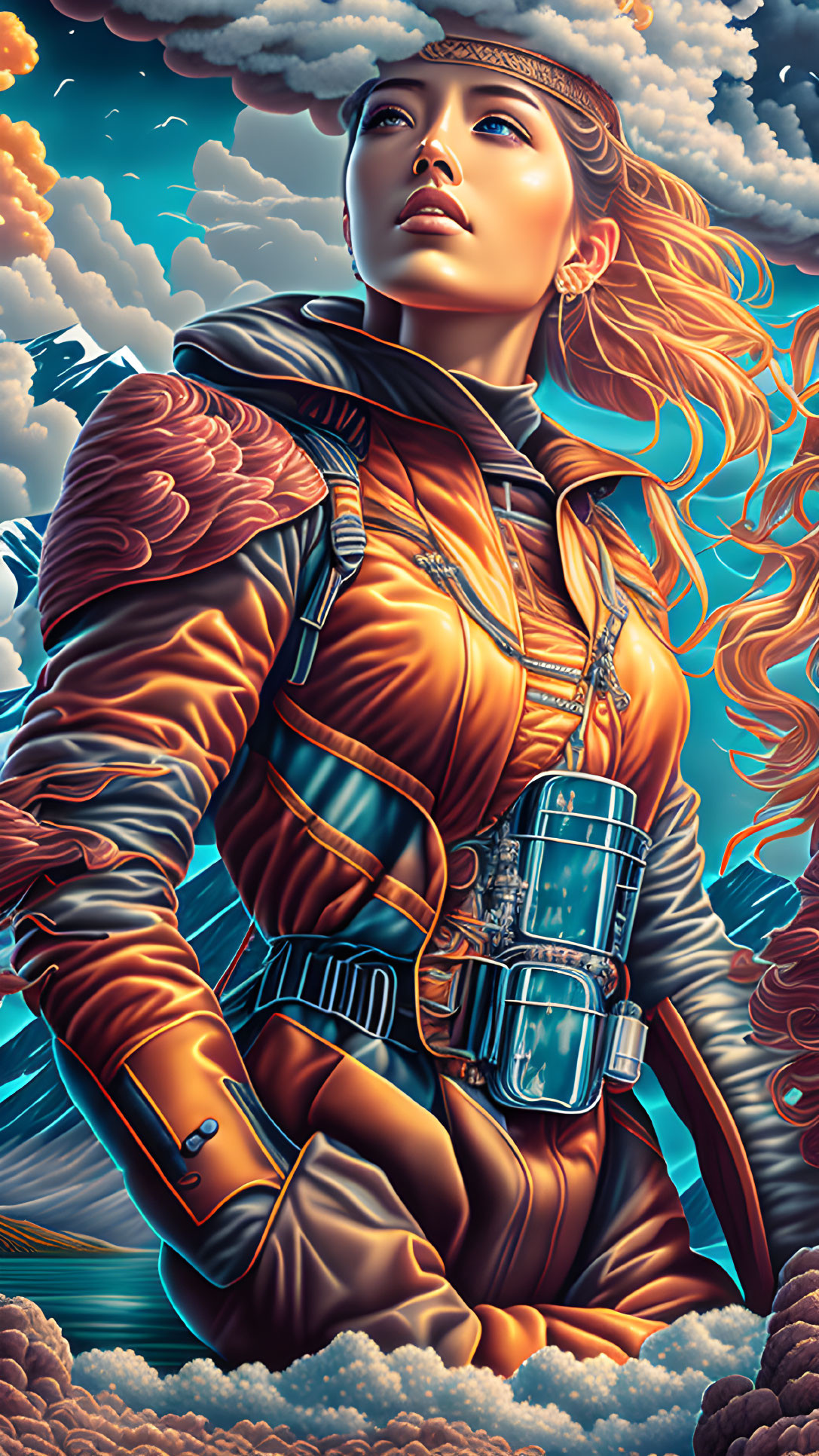 Futuristic woman in orange pilot suit with blonde hair in cloudy sky.