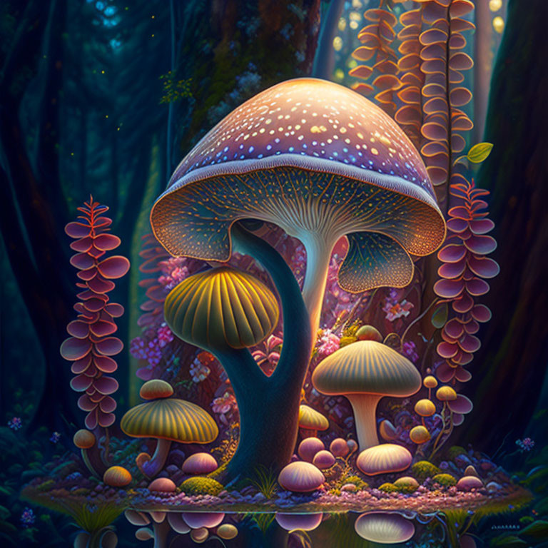 Colorful Bioluminescent Mushroom Illustration in Fantasy Forest