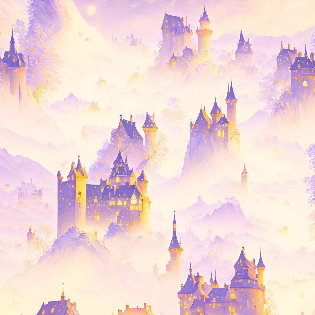 Fantastical landscape with brightly lit castles in misty hills