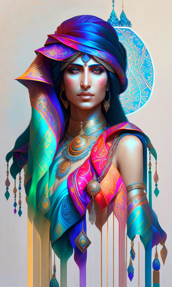 Colorful illustration of woman with ornate jewelry and turban in mystical setting