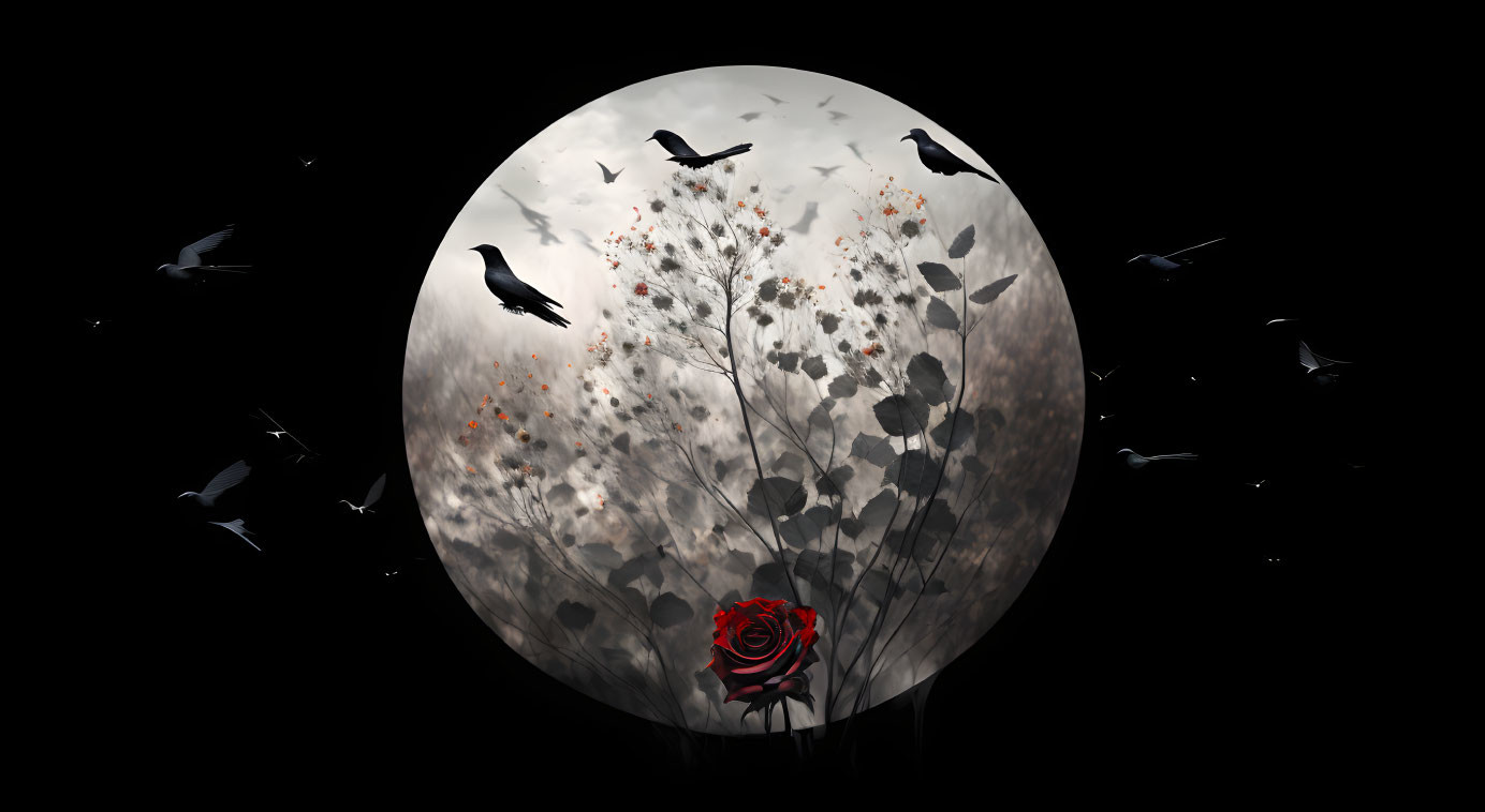 Monochrome art: Red rose, grayscale foliage, birds, moon-like sphere