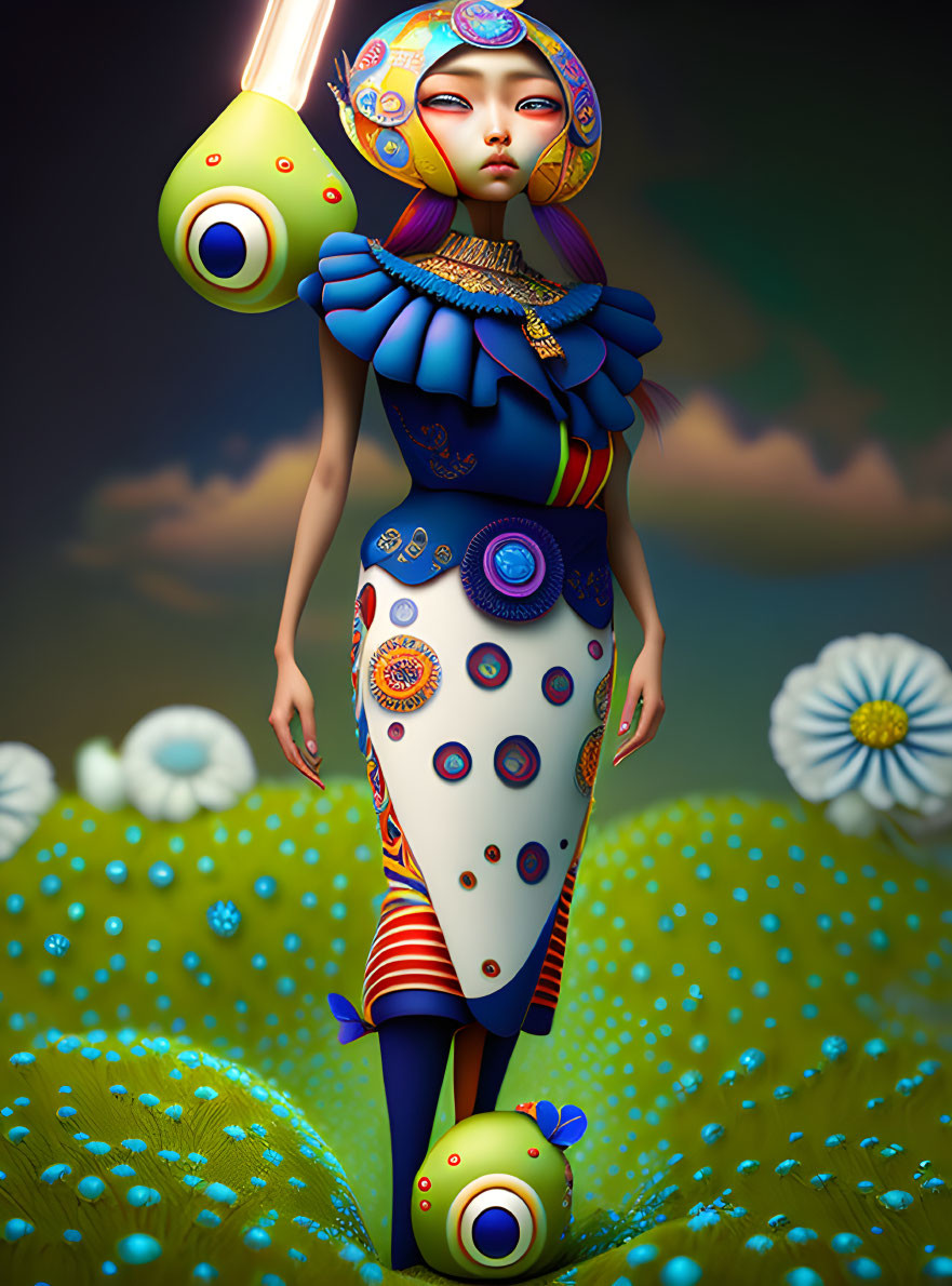 Colorful digital artwork of woman in intricate headdress, floral field, orbs