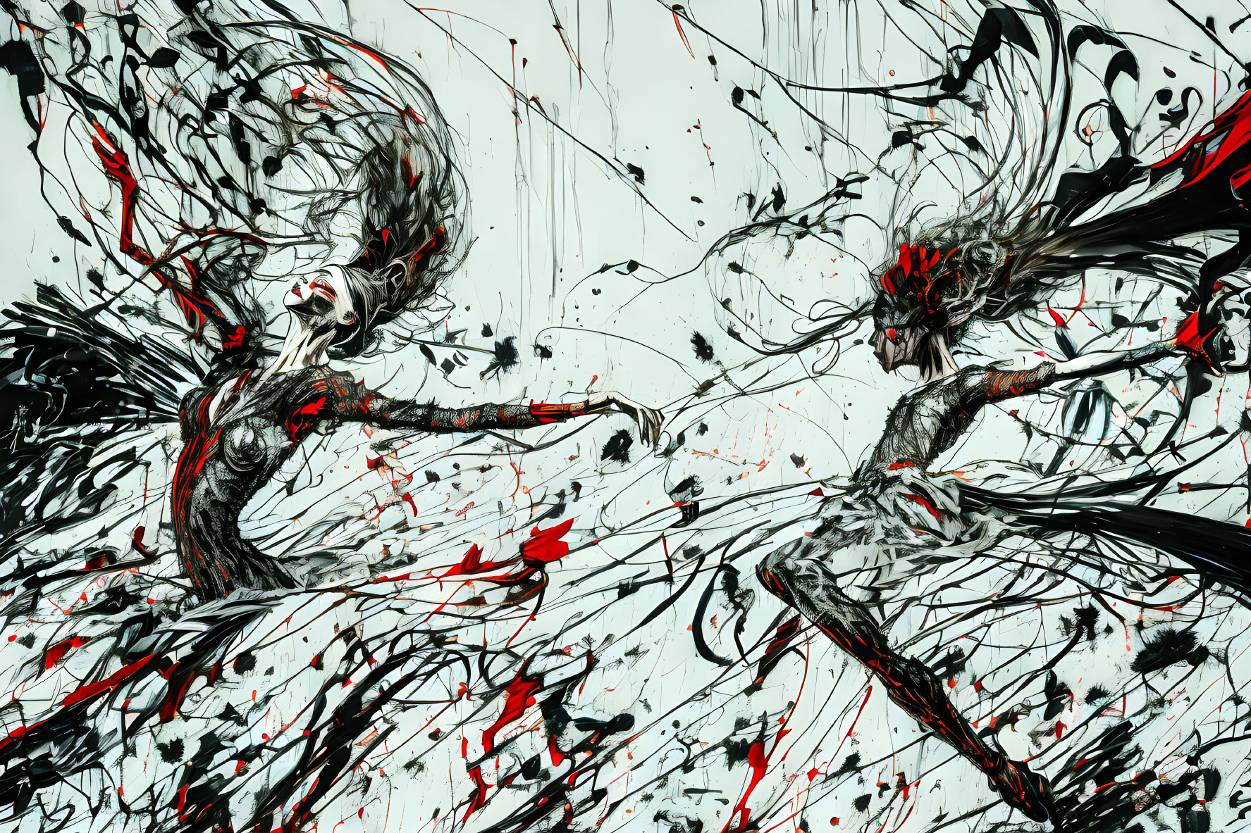 Abstract Painting: Black and Red Splatter Depicting Dynamic Figures