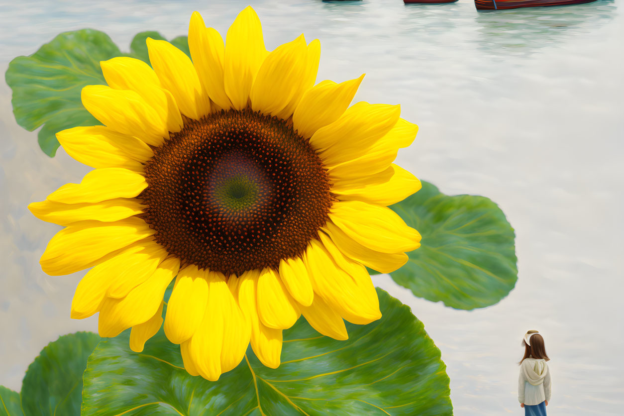 Sunflower and person by water with boats in the distance