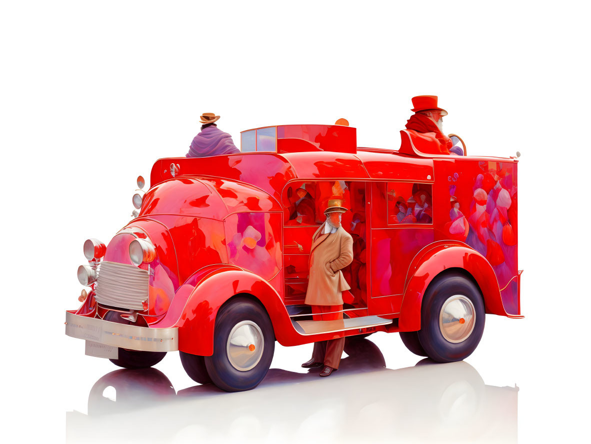 Vintage Red Fire Truck with Three Firefighters in Traditional Uniforms on White Background