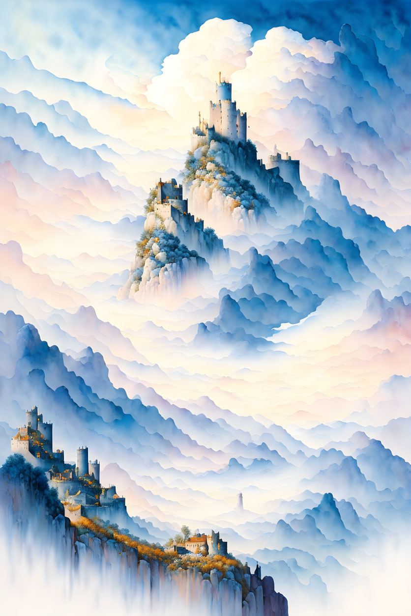 Fantasy landscape: Floating castles in pastel clouds