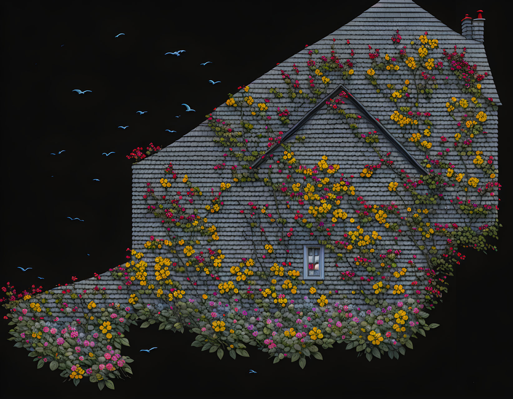 Gray house with red chimney surrounded by colorful flowers and birds on black background