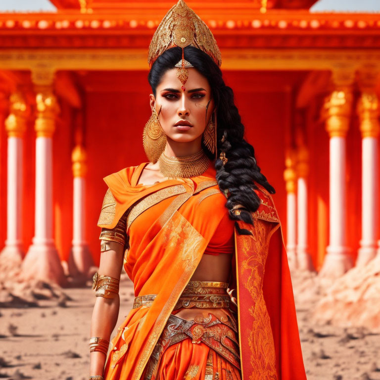 Traditional Indian Attire Woman Poses at Temple