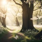 Enchanted Forest with Sunlight, Pond, Chess Pieces, and Flowers