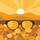 Abstract warm-hued image: rolling hills, eyeglasses, stylized sun and sky