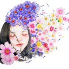 Woman's face adorned with colorful flowers and feathers