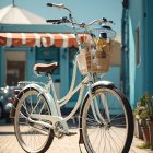 Vintage Bicycle with Yellow Flowers by Blue Door in Wheat Field Landscape