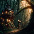 Mystical forest scene: glowing lanterns, grand house, magical ambiance