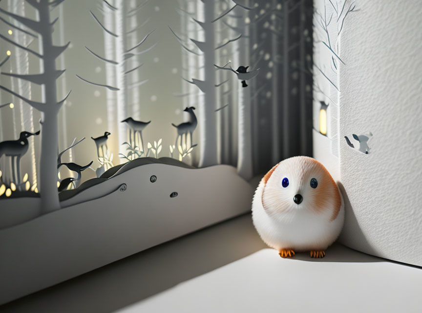 Stylized white and orange guinea pig in forest-themed room