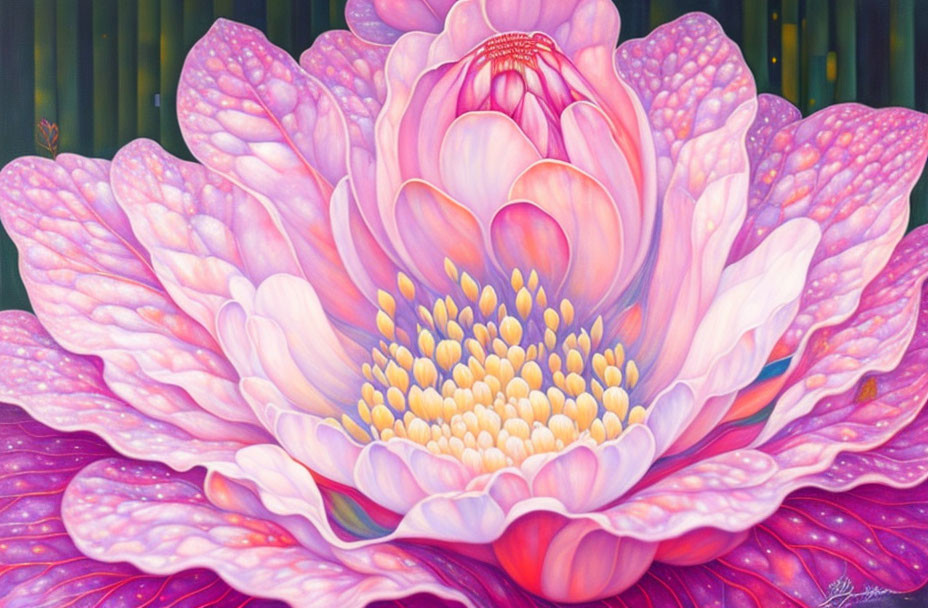 Detailed Pink Lotus Flower Painting with Golden Center on Green Stem Backdrop