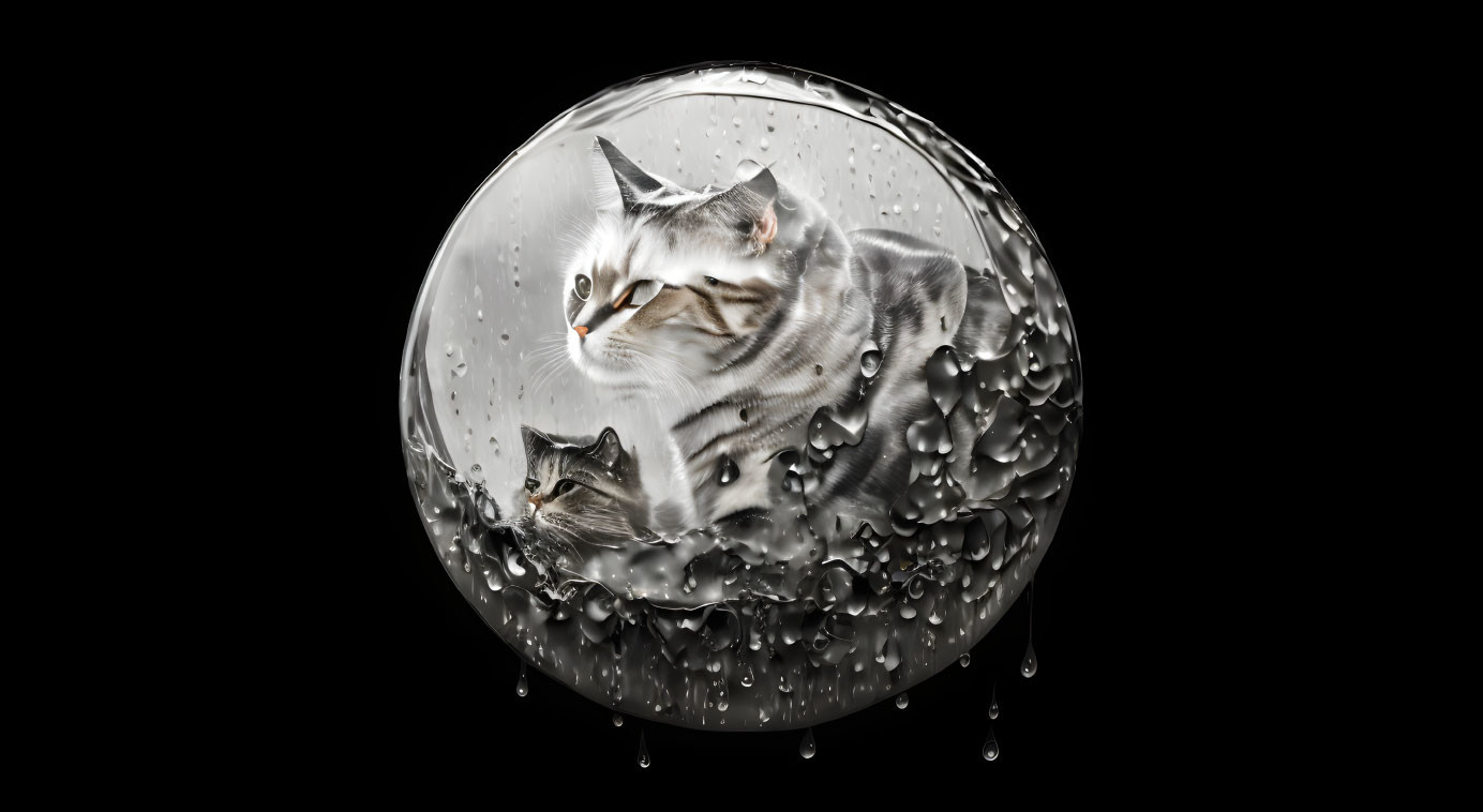 Digital Artwork: Two Cats in Water Droplet Sphere on Black Background