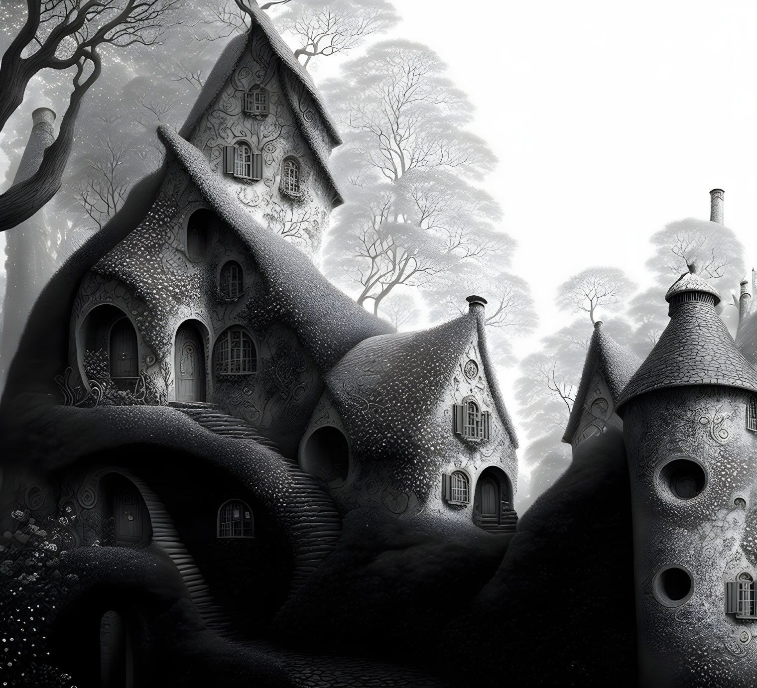 Monochromatic fantasy illustration of whimsical houses in misty landscape