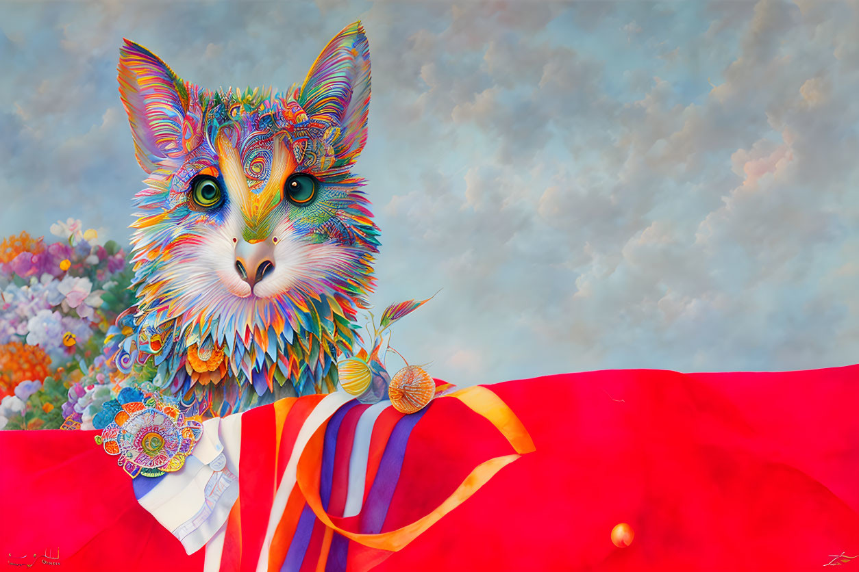 Vibrant psychedelic cat illustration with intricate patterns on cloudy sky background