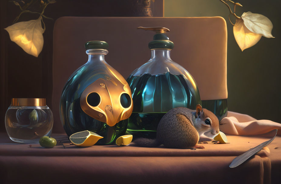 Ornate glass bottles, laptop, chipmunk, lime slices, knife in cozy still life