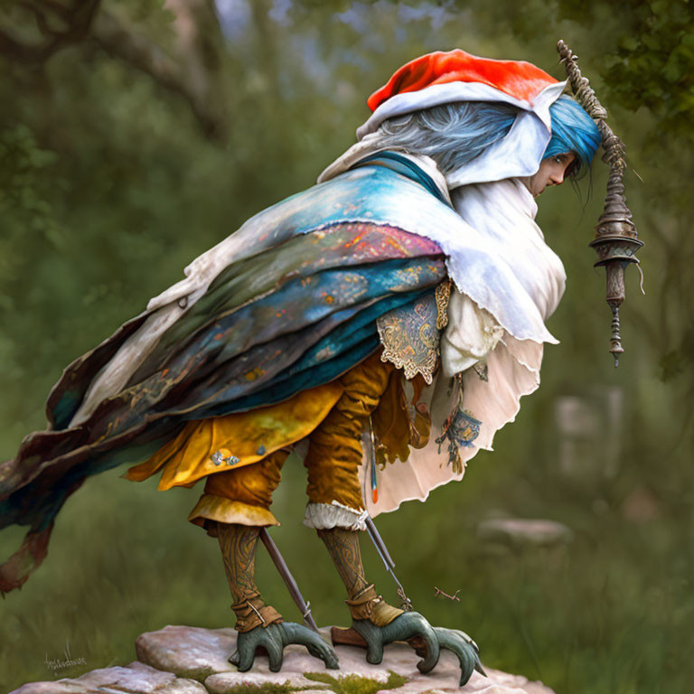 Colorful Bird-Like Figure with Lantern in Natural Setting