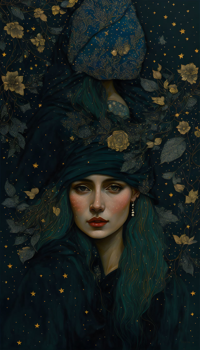 Woman with Green Hair and Matching Headdress Surrounded by Gold Flowers and Stars on Dark Background