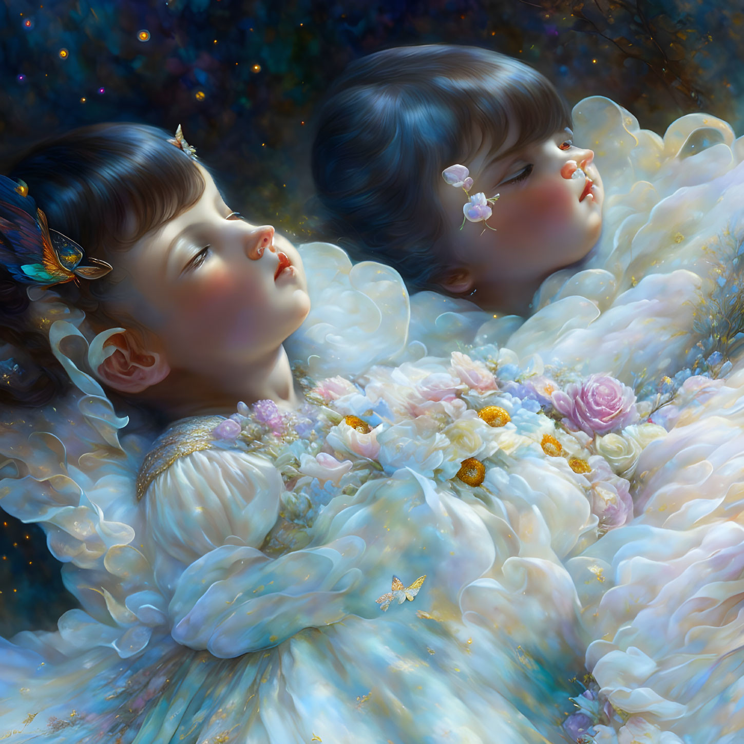 Children in dreamlike setting with flowers and butterflies