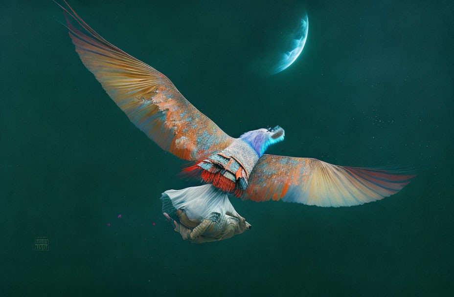 Surreal bird art with spread wings blending into ocean and moon in dark green background