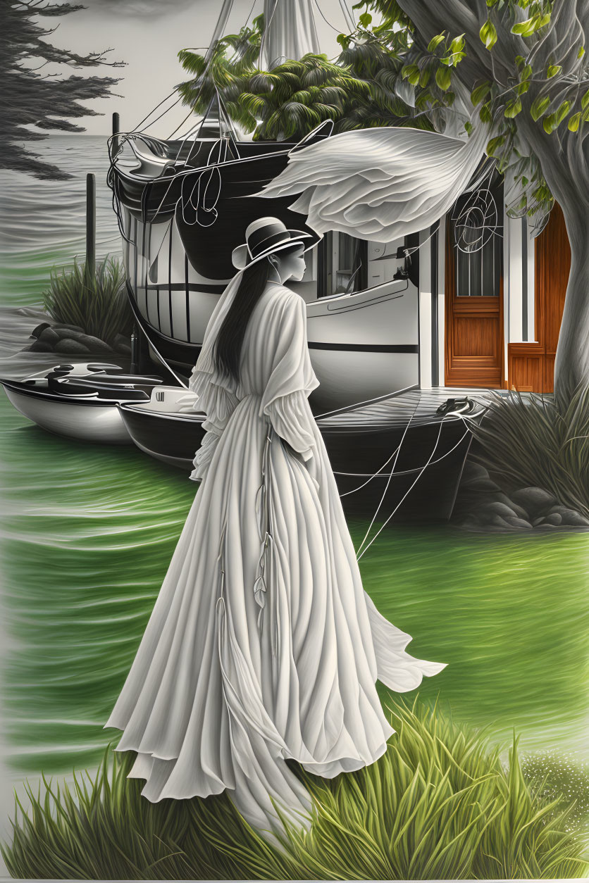 Woman in long dress by moored boat near tranquil river