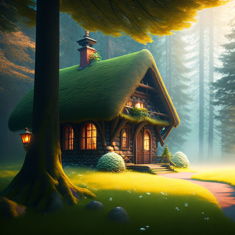 Thatched Roof Cottage in Magical Forest at Sunset