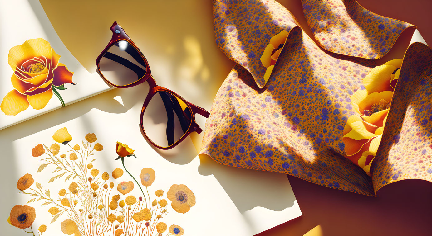 Floral Scarf and Sunglasses with Illustrated Flowers on Sunny Surface