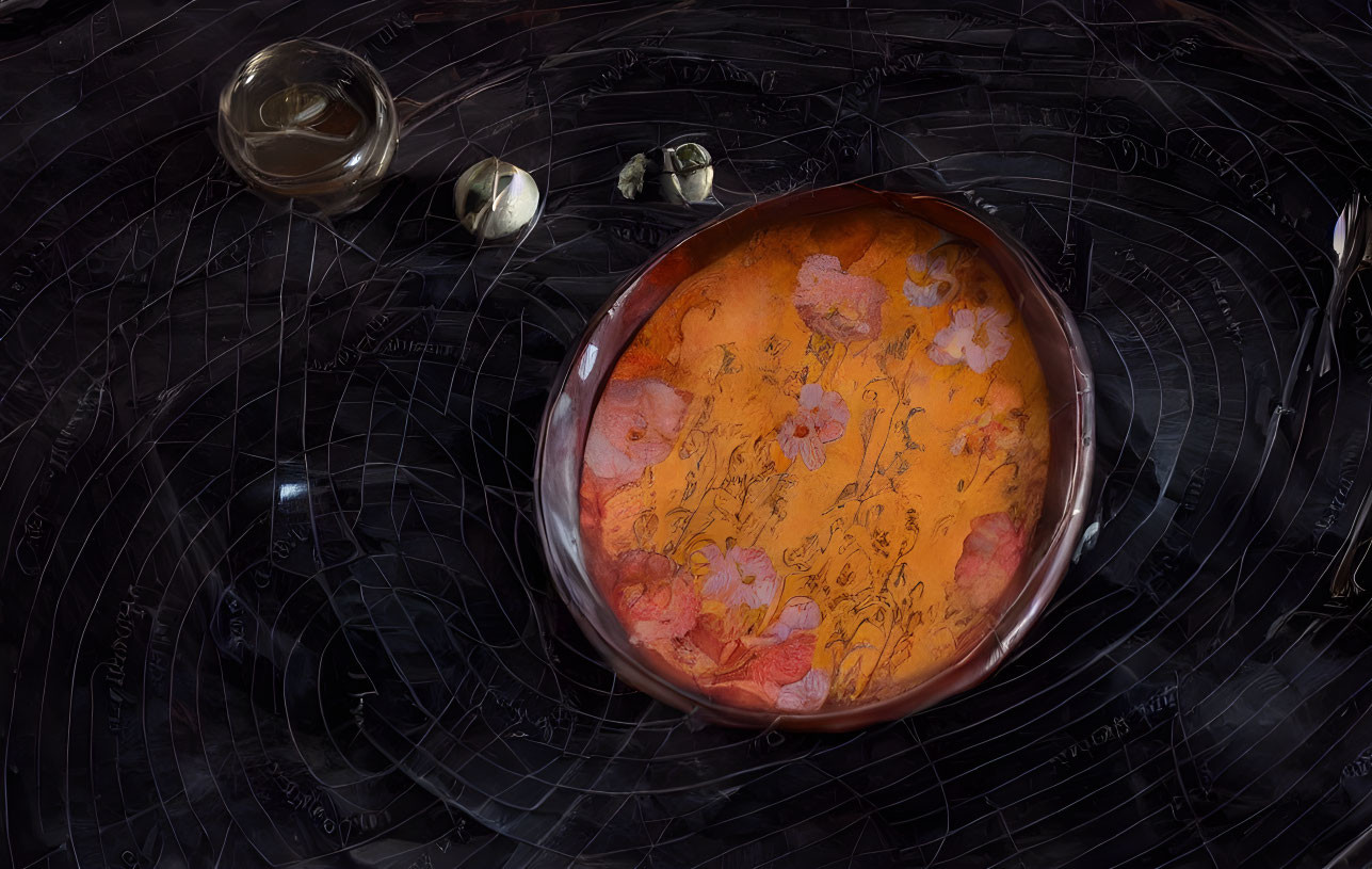 Orange Flower Petal Soup with Herbs and Sauce on Dark Surface