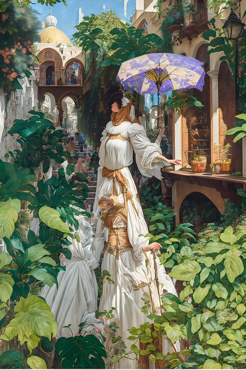 Historical woman with parasol in lush greenery and classical architecture