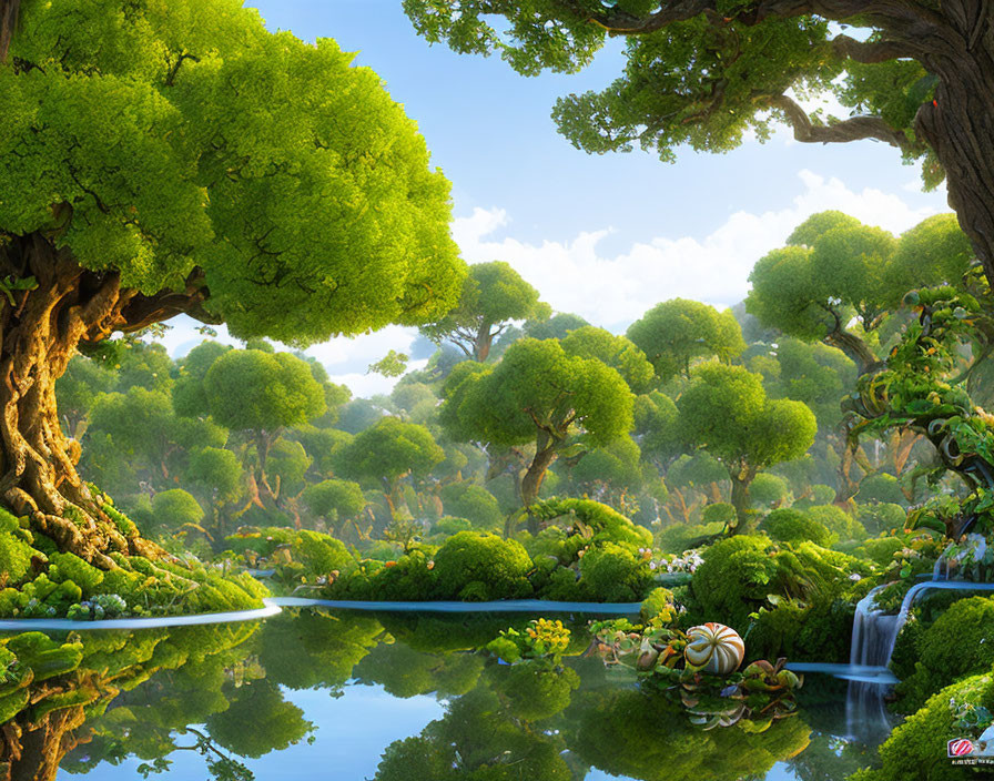 Tranquil forest scene with lush greenery, stream, waterfall, and vibrant flora