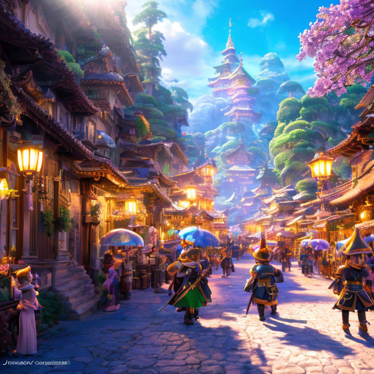 Vibrant fantasy street scene with historical attire, pagoda, trees, and ethereal lighting