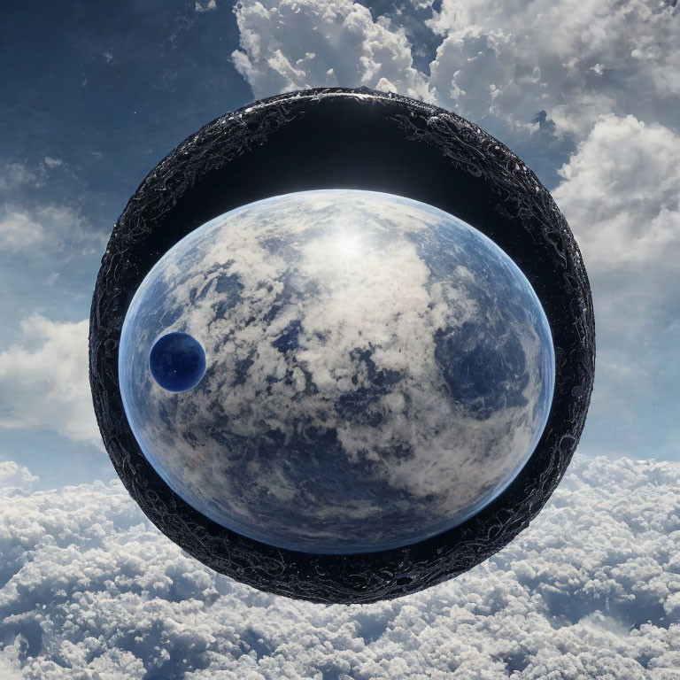 Surreal image of ornate framed sphere with cloudy planet above fluffy clouds