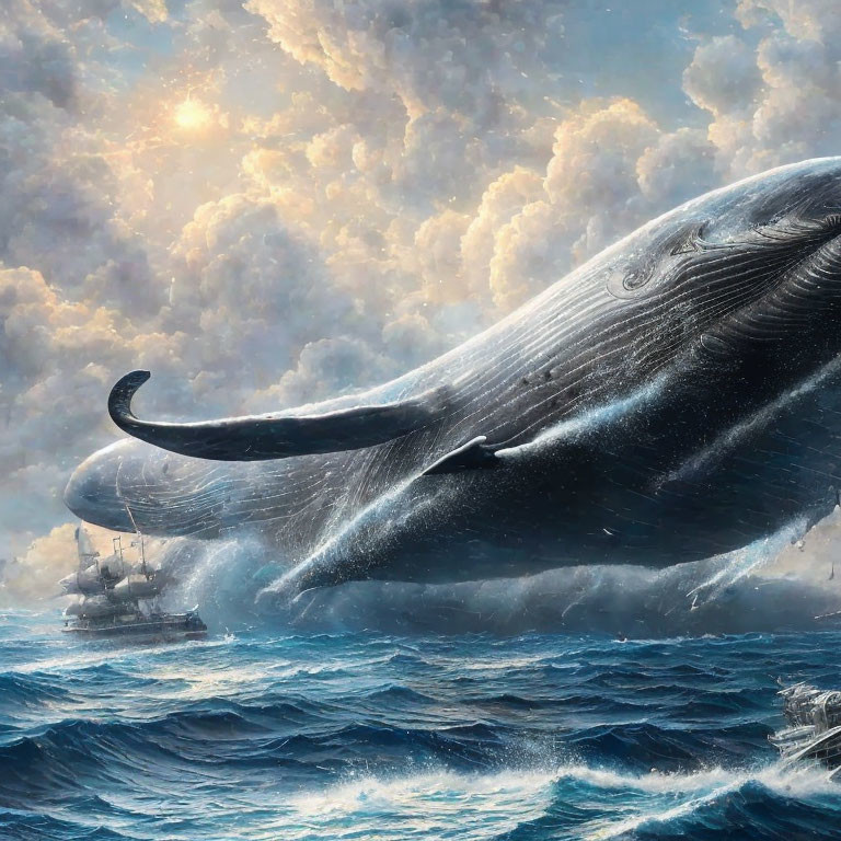 Gigantic whale breaching stormy ocean waves near small ship