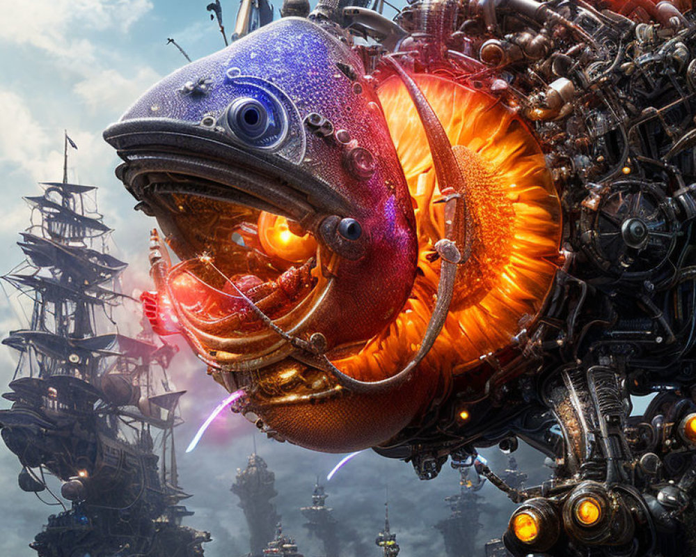 Steampunk fish with intricate machinery and airship backdrop