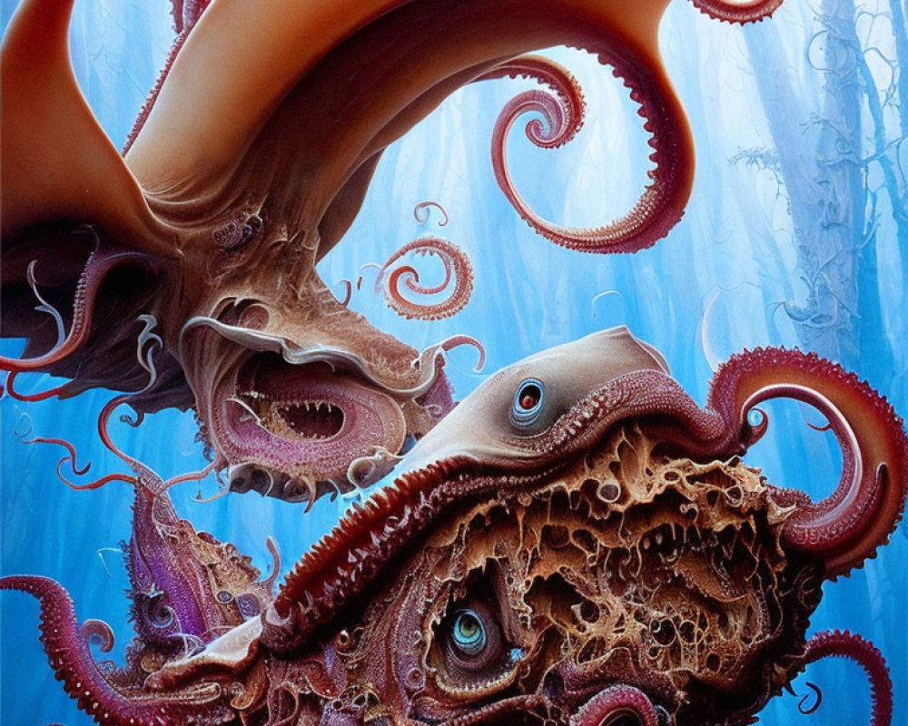 Detailed digital artwork: Two fantastical octopuses in mystical underwater scene