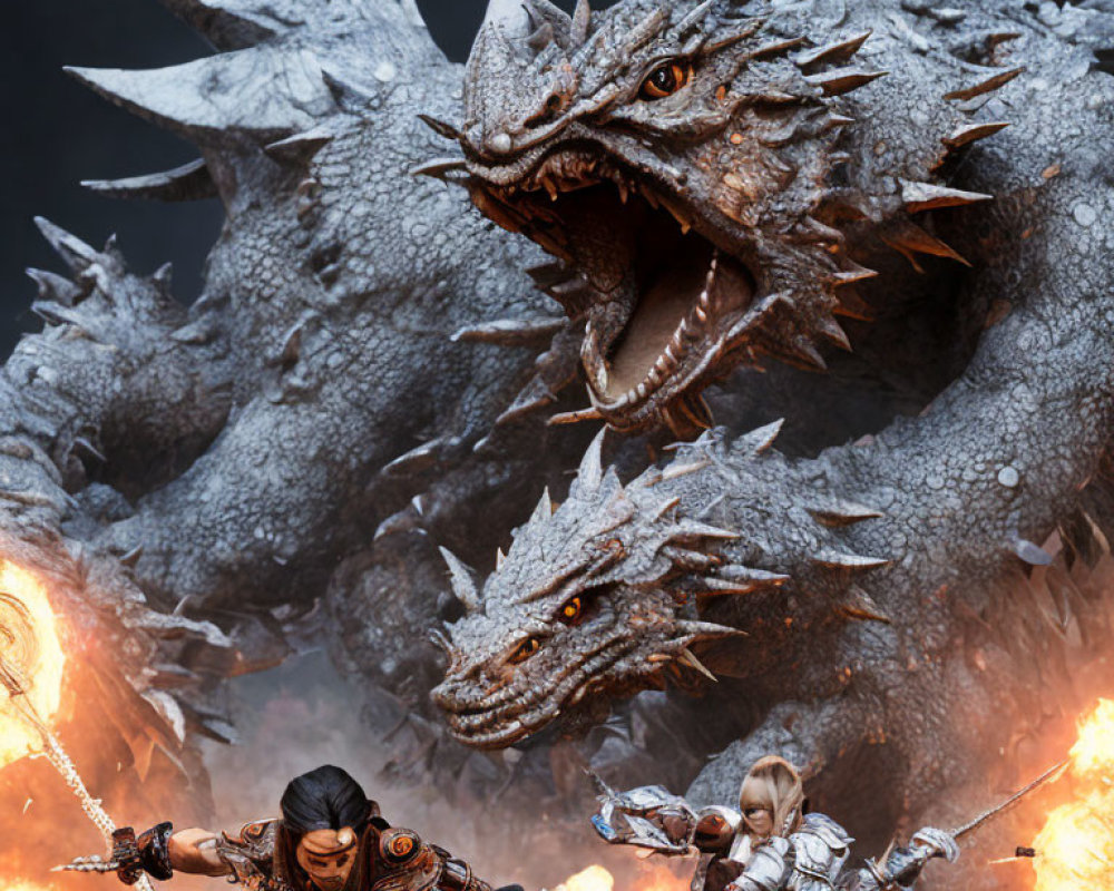 Epic battle scene: warriors confront two-headed dragon in fiery setting